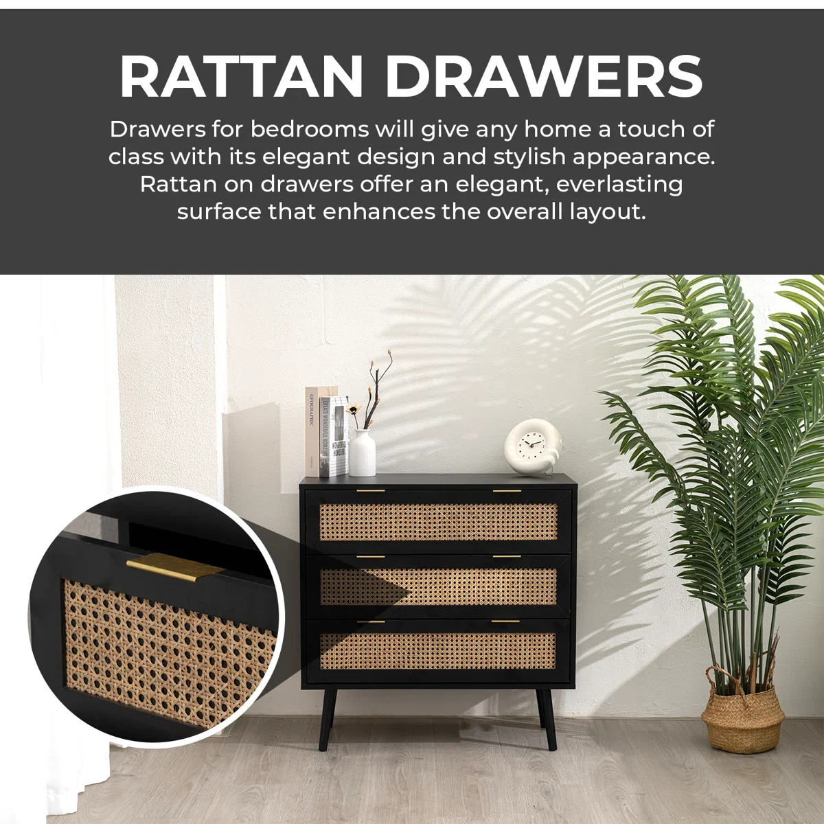 Space Galaxy Furniture Solid Sheesham Chest Of Drawers Rattan Cane | Storage Type: 3 Drawers | Finish:-Z-black