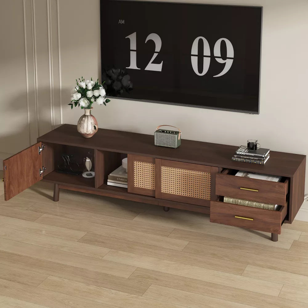 Space Galaxy Furniture Solid Sheesham TV Unit | Mid Century Modern TV Stand with Rattan Cane 3 Doors, & Two Drawers | Entertainment Cabinet | Provincial Teak Finish (Copy)