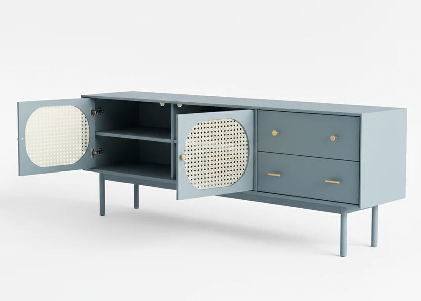 Space Galaxy Furniture Solid Mango TV Unit | Mid Century Modern TV Stand with Rattan Cane 2 Doors, & Two Drawers | Entertainment Cabinet | Laminate finish