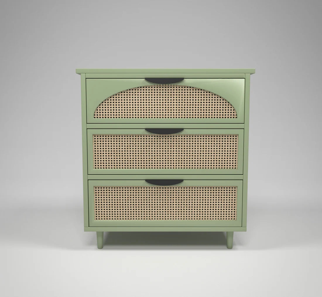 Space Galaxy Furniture Solid Sheesham Bedside Table Rattan Cane Nightstand Lamp Table with 3 Drawers Storage Green Finish One PC