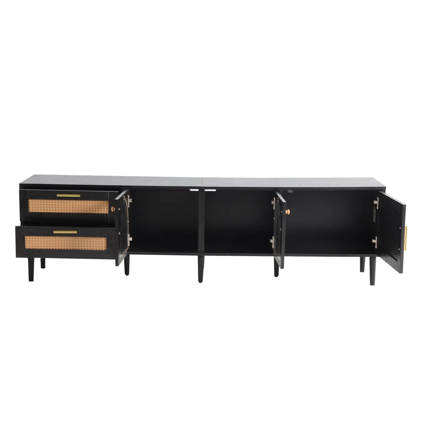 Space Galaxy Furniture Solid Mango TV Unit | Mid Century Modern TV Stand with Rattan Cane 3 Doors, & Two Drawers | Entertainment Cabinet | Z-black Finish