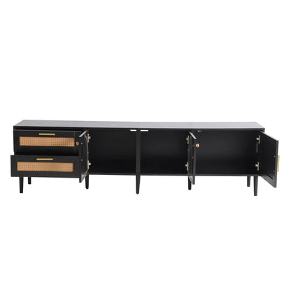 Space Galaxy Furniture Solid Mango TV Unit | Mid Century Modern TV Stand with Rattan Cane 3 Doors, & Two Drawers | Entertainment Cabinet | Z-black Finish