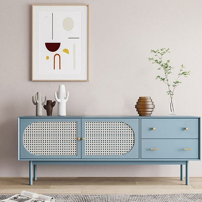 Space Galaxy Furniture Solid Mango TV Unit | Mid Century Modern TV Stand with Rattan Cane 2 Doors, & Two Drawers | Entertainment Cabinet | Laminate finish