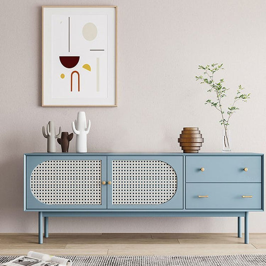 Space Galaxy Furniture Solid Mango TV Unit | Mid Century Modern TV Stand with Rattan Cane 2 Doors, & Two Drawers | Entertainment Cabinet | Laminate finish