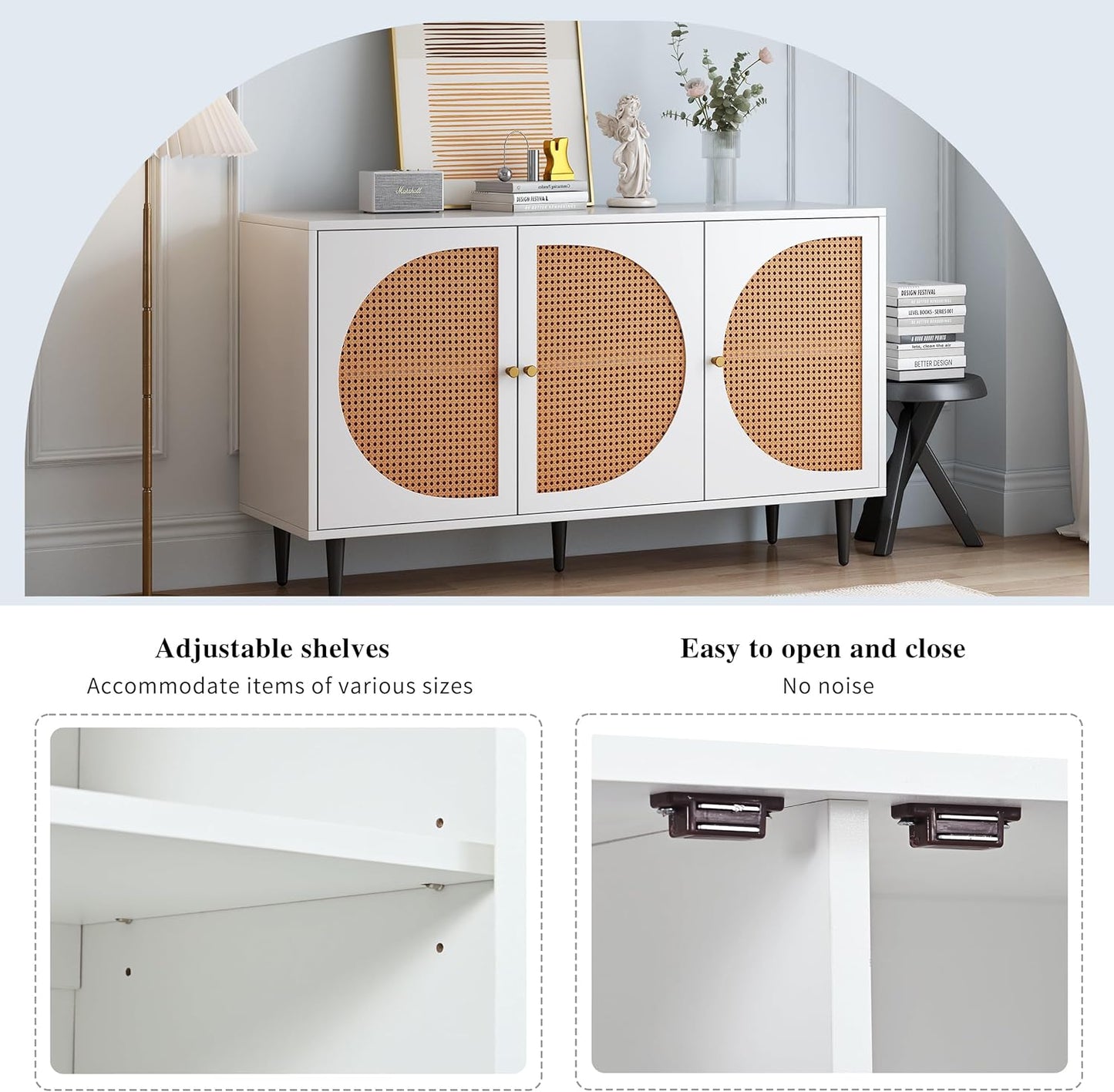 Space Galaxy Furniture Engineered Wood 3 Door Rattan Cane Sideboard & Cabinet With Storage White Finish