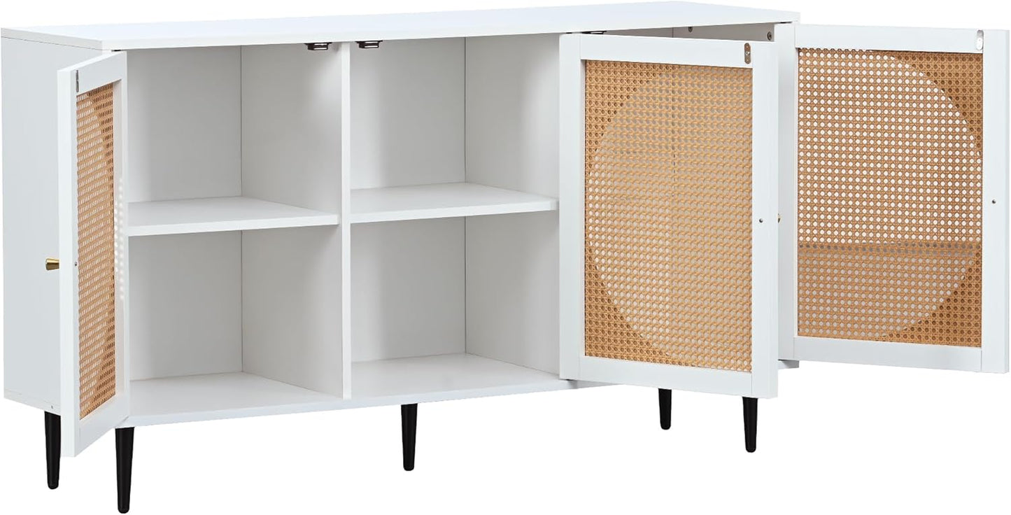 Space Galaxy Furniture Engineered Wood 3 Door Rattan Cane Sideboard & Cabinet With Storage White Finish
