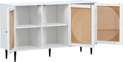 Space Galaxy Furniture Engineered Wood 3 Door Rattan Cane Sideboard & Cabinet With Storage White Finish