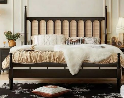 Space Galaxy Furniture Solid Sheesham  Rattan Queen Size Bed Wooden Cane Queen Size Cot Without Storage