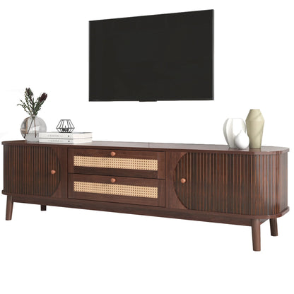 Space Galaxy Furniture Solid Mango TV Unit | Mid Century Modern TV Stand with Rattan Cane 2 Doors, & Two Drawers | Entertainment Cabinet | Provincial Teak Finish