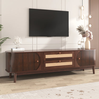 Space Galaxy Furniture Solid Mango TV Unit | Mid Century Modern TV Stand with Rattan Cane 2 Doors, & Two Drawers | Entertainment Cabinet | Provincial Teak Finish