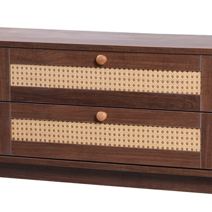 Space Galaxy Furniture Solid Mango TV Unit | Mid Century Modern TV Stand with Rattan Cane 2 Doors, & Two Drawers | Entertainment Cabinet | Provincial Teak Finish