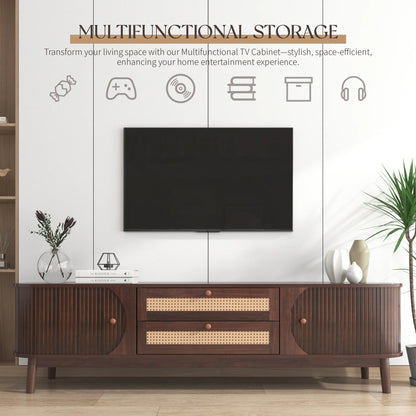 Space Galaxy Furniture Solid Mango TV Unit | Mid Century Modern TV Stand with Rattan Cane 2 Doors, & Two Drawers | Entertainment Cabinet | Provincial Teak Finish
