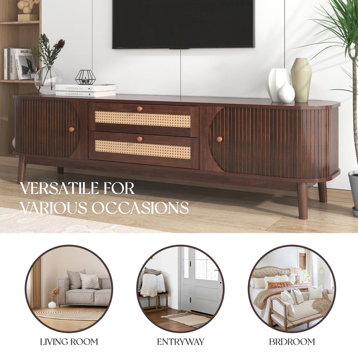 Space Galaxy Furniture Solid Mango TV Unit | Mid Century Modern TV Stand with Rattan Cane 2 Doors, & Two Drawers | Entertainment Cabinet | Provincial Teak Finish
