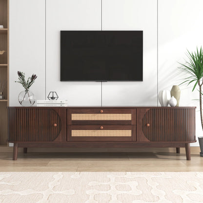 Space Galaxy Furniture Solid Mango TV Unit | Mid Century Modern TV Stand with Rattan Cane 2 Doors, & Two Drawers | Entertainment Cabinet | Provincial Teak Finish