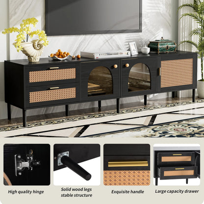 Space Galaxy Furniture Solid Mango TV Unit | Mid Century Modern TV Stand with Rattan Cane 3 Doors, & Two Drawers | Entertainment Cabinet | Z-black Finish