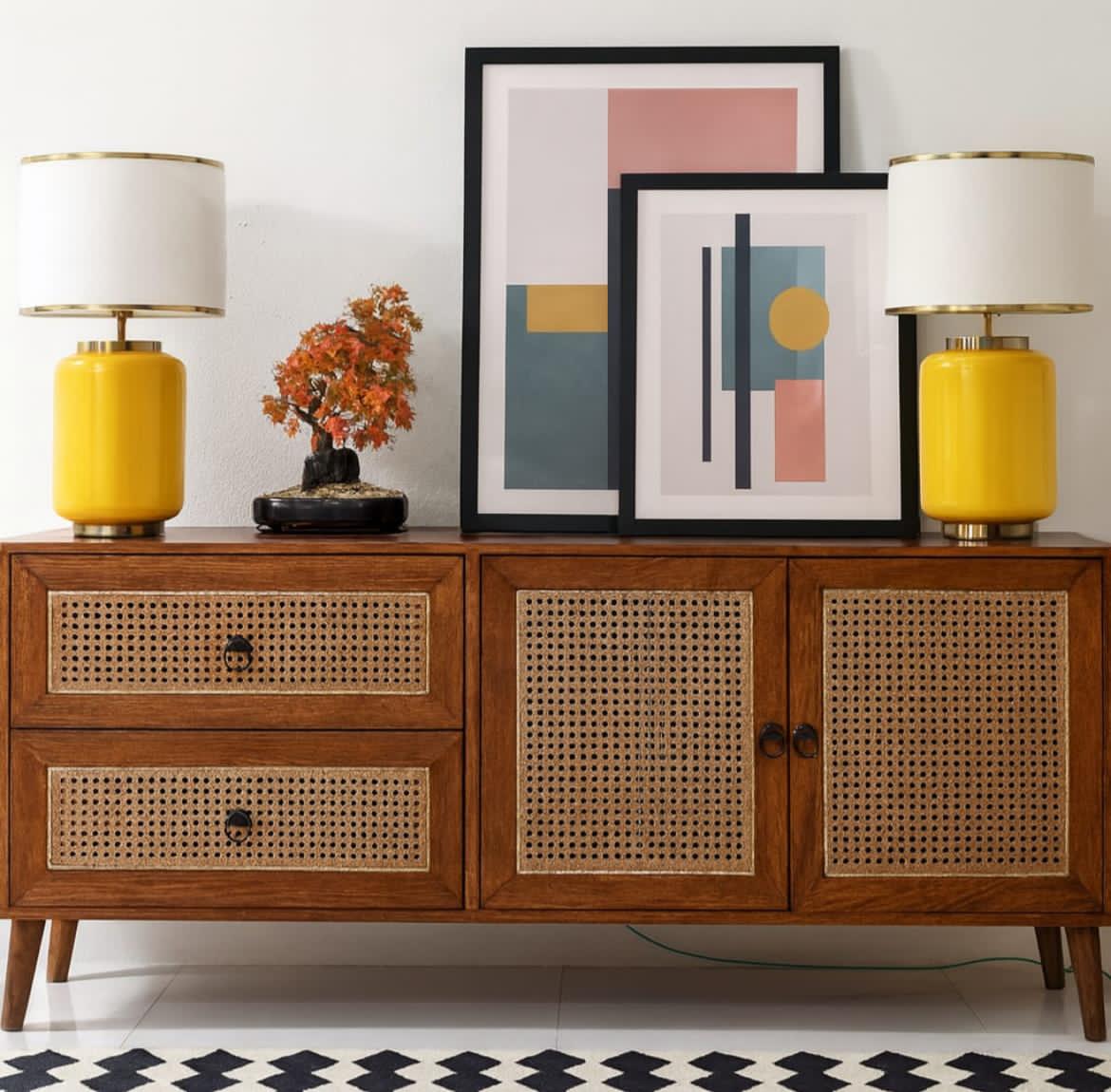 Space Galaxy Furniture Solid Sheesham Wood 2 Door & 2 Drawers Rattan Cane Sideboard & Cabinet With Storage Natural Finish