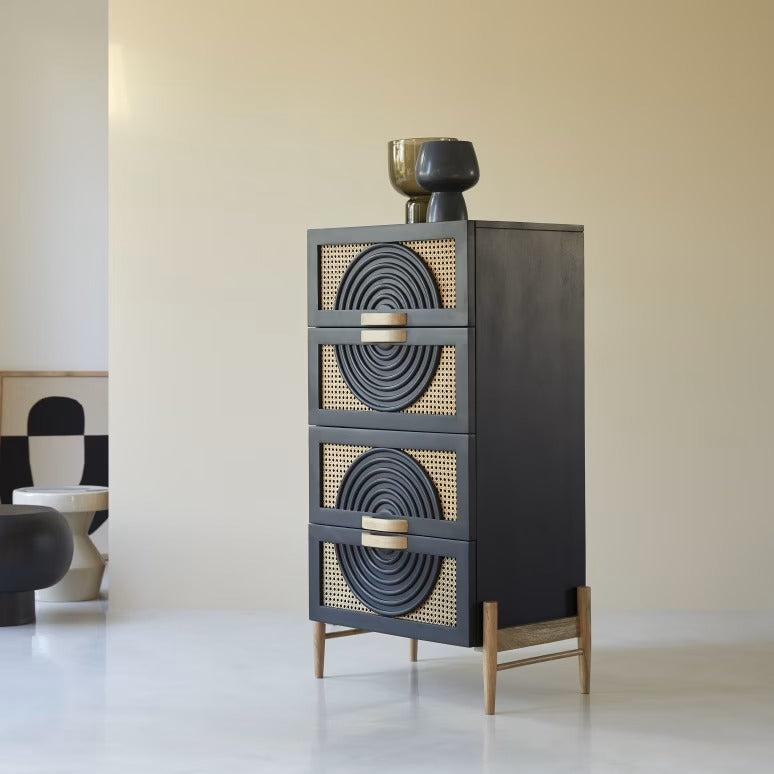 Space Galaxy Furniture Solid Sheesham Chest Of Drawers Rattan Cane | Storage Type: 4 Drawers | Finish:-Z-black