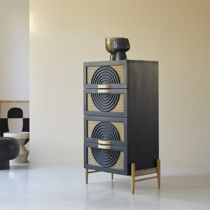 Space Galaxy Furniture Solid Sheesham Chest Of Drawers Rattan Cane | Storage Type: 4 Drawers | Finish:-Z-black