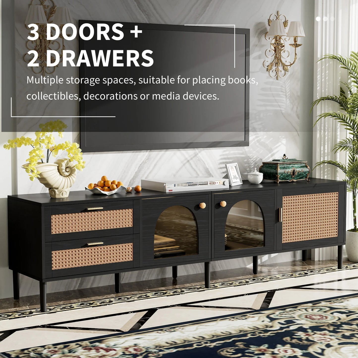 Space Galaxy Furniture Solid Mango TV Unit | Mid Century Modern TV Stand with Rattan Cane 3 Doors, & Two Drawers | Entertainment Cabinet | Z-black Finish