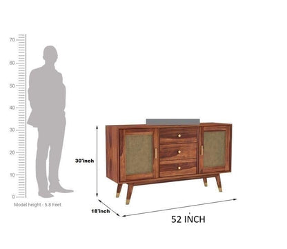 Space Galaxy Furniture Solid Sheesham Wood 3 Drawers & 2 Door Rattan Cane Sideboard & Cabinet With Storage