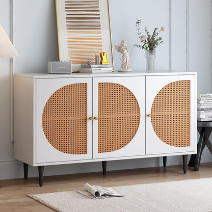 Space Galaxy Furniture Engineered Wood 3 Door Rattan Cane Sideboard & Cabinet With Storage White Finish