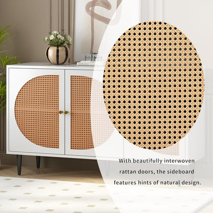 Space Galaxy Furniture Engineered Wood 3 Door Rattan Cane Sideboard & Cabinet With Storage White Finish