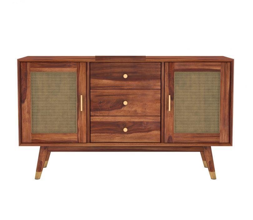 Space Galaxy Furniture Solid Sheesham Wood 3 Drawers & 2 Door Rattan Cane Sideboard & Cabinet With Storage