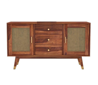 Space Galaxy Furniture Solid Sheesham Wood 3 Drawers & 2 Door Rattan Cane Sideboard & Cabinet With Storage