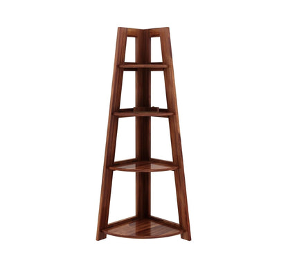Space Galaxy Furniture Solid Sheesham  Corner Bookshelf 4 Tier Ladder Book Cabinet Corner Shelf, Book Shelf Honey Oak Finish