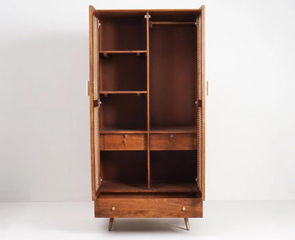 Space Galaxy Furniture Solid Sheesham Rattan Cane Wardrobe | 2-Door Almirah with 3 Drawers, 6 Storage Shelves, 1 Hanging Rod Space | Wooden Cupboard, Natural Finish