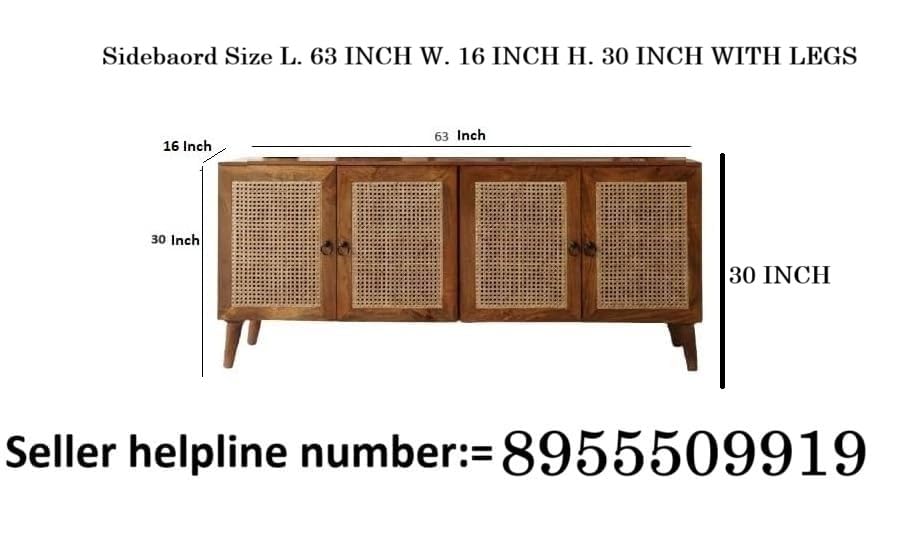 Space Galaxy Furniture Solid Sheesham Wood 4 Door Rattan Cane Sideboard & Cabinet With Storage