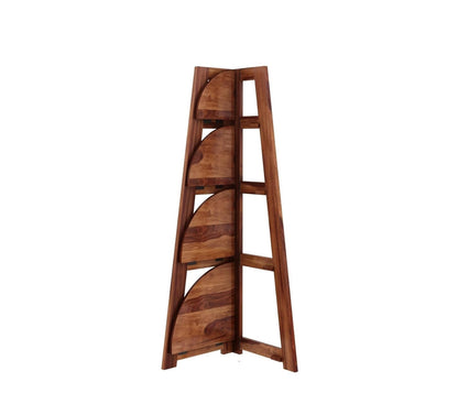 Space Galaxy Furniture Solid Sheesham  Corner Bookshelf 4 Tier Ladder Book Cabinet Corner Shelf, Book Shelf Honey Oak Finish