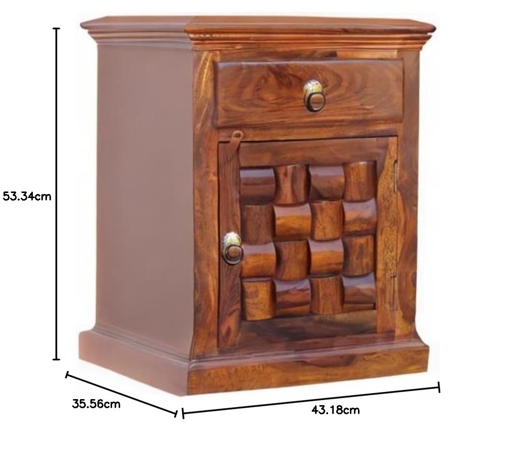 Space Galaxy Furniture Solid Sheesham Bedside Table Nightstand Lamp Table with Nightstand with 1 Door Cabinet & 1 Drawer Storage | Natural Finish