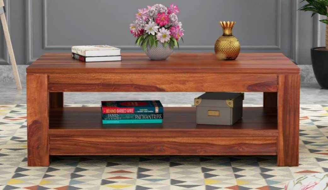 Space Galaxy Furniture Solid Sheesham Centre Coffee Table Open Shelf Storage Honey Oak Finish
