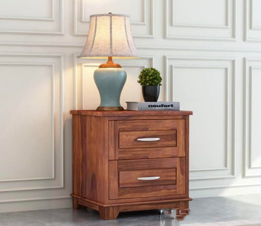 Space Galaxy Furniture Solid Sheesham Bedside Table Nightstand Lamp Table with 2 Drawers Storage Honey Oak Finish