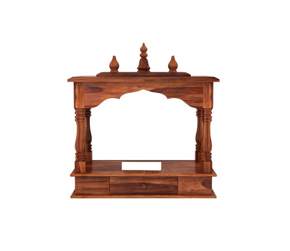 Space Galaxy Furniture Solid Sheesham  Wall-Mounted Temple Shelf, Sheesham Wood Pooja Mandir with Storage Drawers, Traditional Design, Honey Oak Finish
