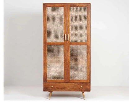 Space Galaxy Furniture Solid Sheesham Rattan Cane Wardrobe | 2-Door Almirah with 3 Drawers, 6 Storage Shelves, 1 Hanging Rod Space | Wooden Cupboard, Natural Finish