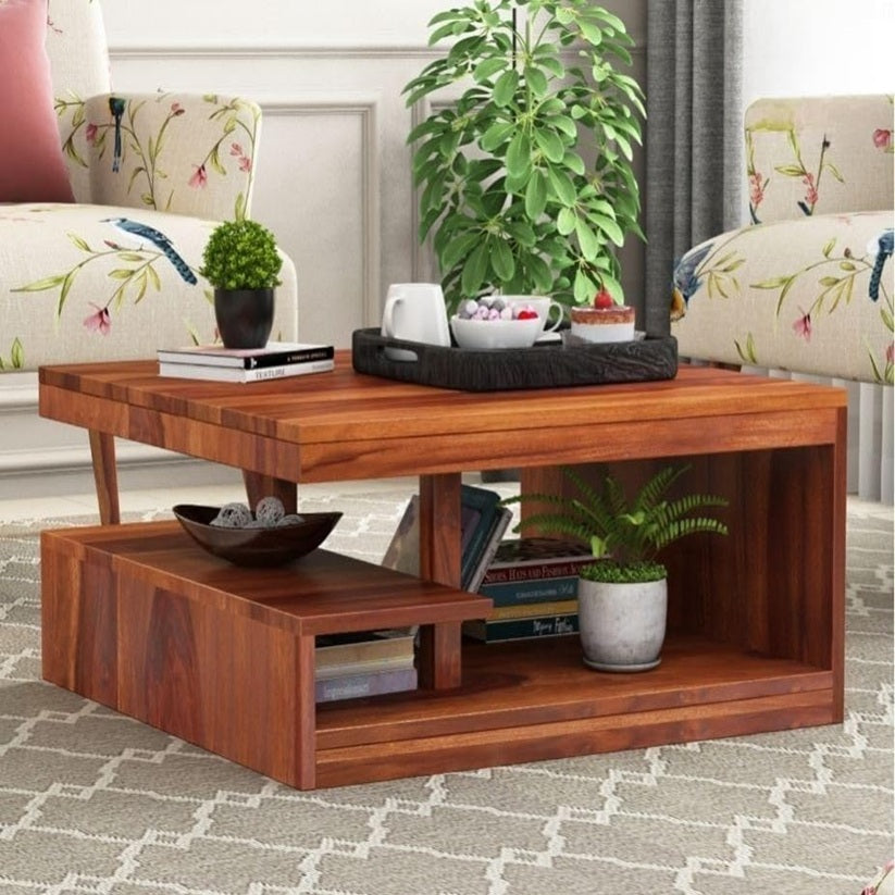 Space Galaxy Furniture Solid Sheesham Centre Coffee Table Open Shelf Storage Honey Oak Finish