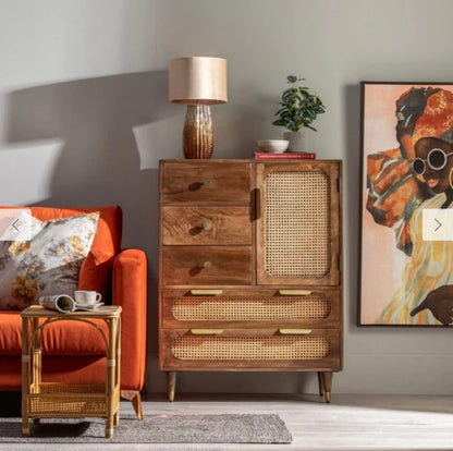 Space Galaxy Furniture Solid Sheesham Chest Of Drawers Rattan Cane | Storage Type: 1 Door and 5 Drawers | Finish:-Dark Walnut