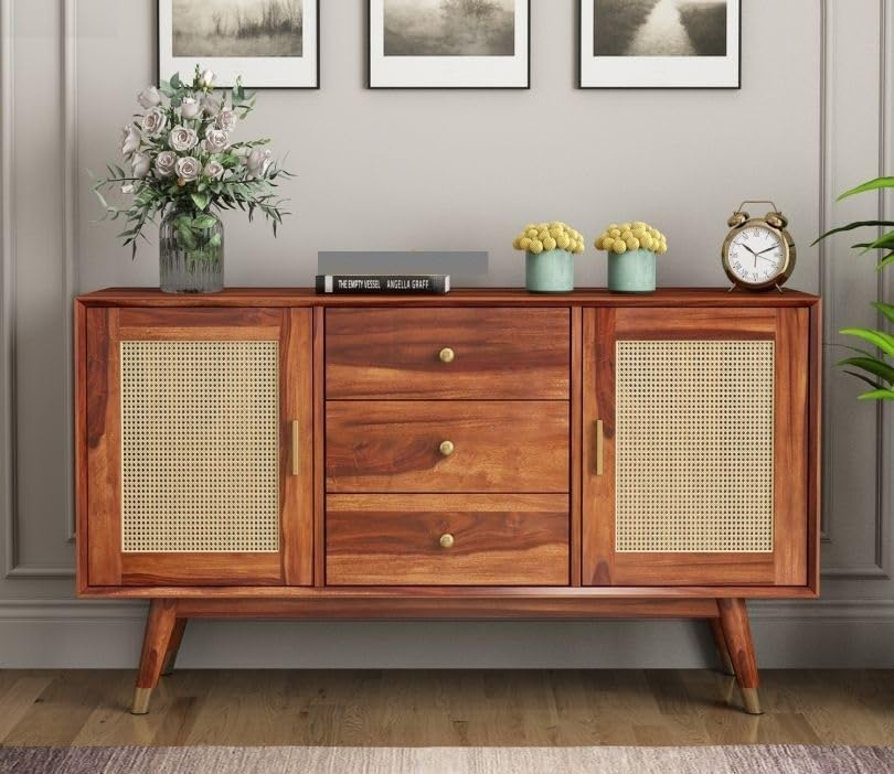 Space Galaxy Furniture Solid Sheesham Wood 3 Drawers & 2 Door Rattan Cane Sideboard & Cabinet With Storage