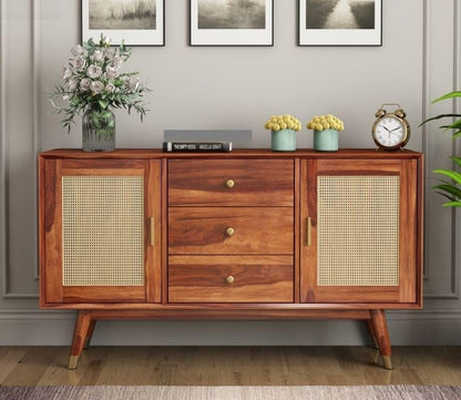 Space Galaxy Furniture Solid Sheesham Wood 3 Drawers & 2 Door Rattan Cane Sideboard & Cabinet With Storage