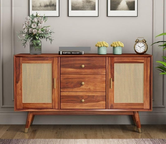 Space Galaxy Furniture Solid Sheesham Wood 3 Drawers & 2 Door Rattan Cane Sideboard & Cabinet With Storage
