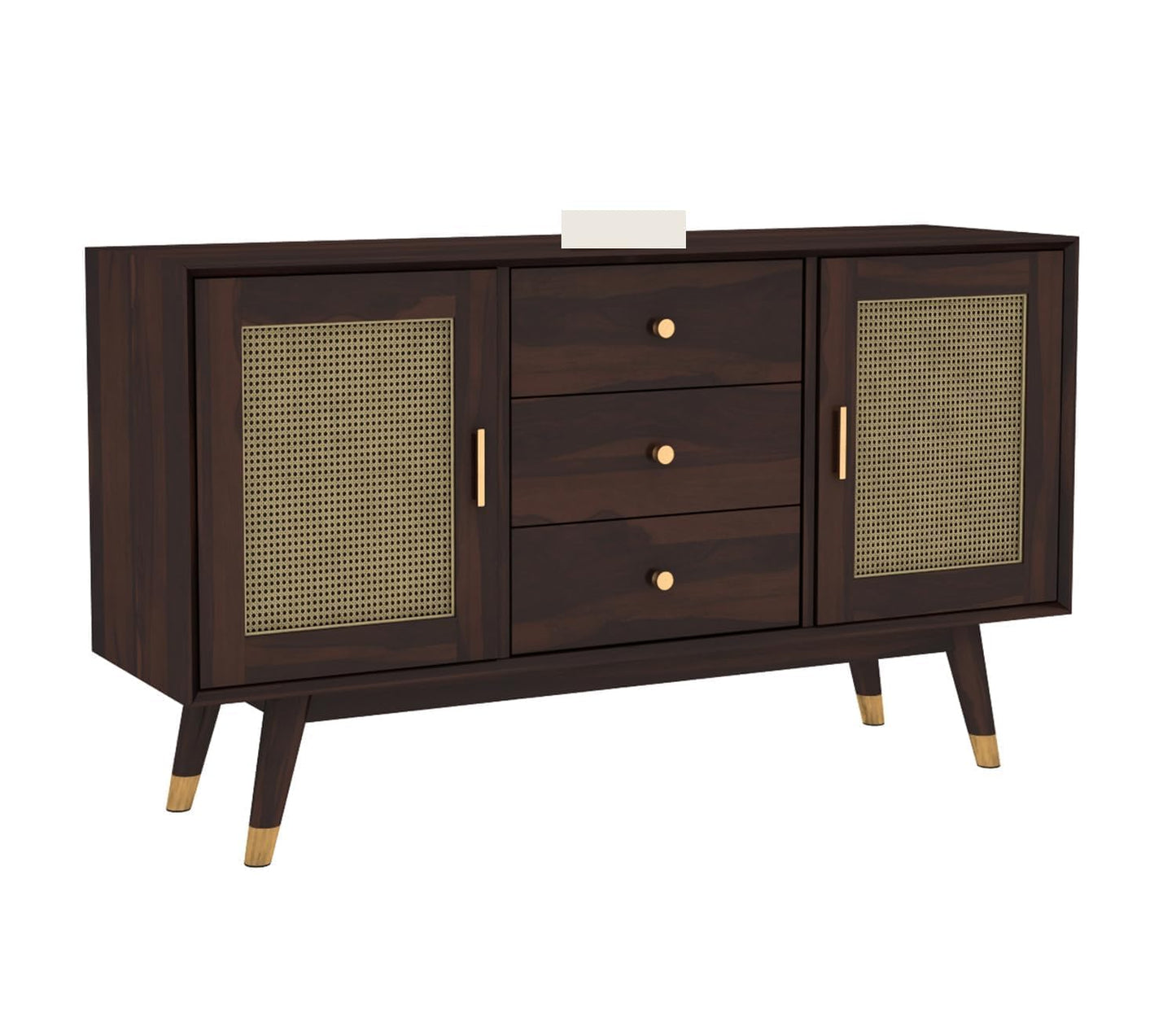 Space Galaxy Furniture Solid Sheesham Wood 3 Drawers & 2 Door Rattan Cane Sideboard & Cabinet With Storage