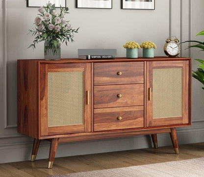 Space Galaxy Furniture Solid Sheesham Wood 3 Drawers & 2 Door Rattan Cane Sideboard & Cabinet With Storage
