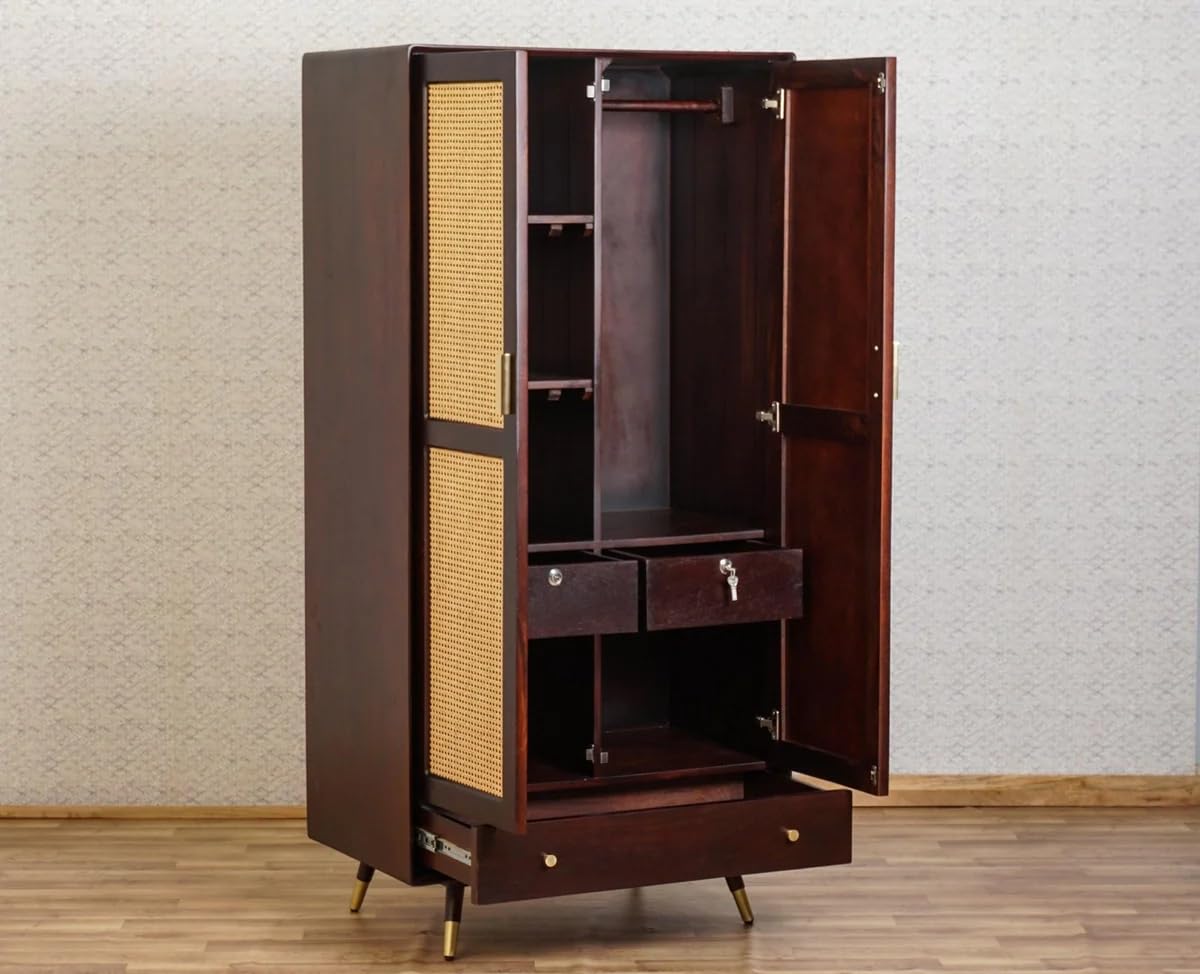 Space Galaxy Furniture Solid SheeshamRattan Cane Wardrobe | 2-Door Almirah with 3 Drawers, 6 Storage Shelves, 1 Hanging Rod Space | Wooden Cupboard, Walnut  Finish