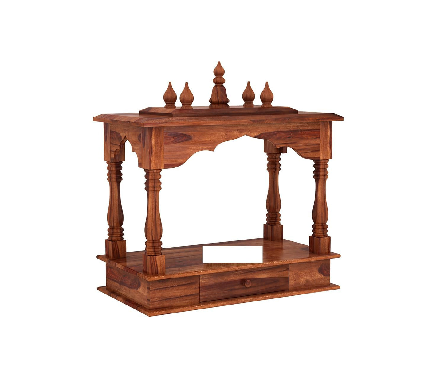 Space Galaxy Furniture Solid Sheesham  Wall-Mounted Temple Shelf, Sheesham Wood Pooja Mandir with Storage Drawers, Traditional Design, Honey Oak Finish