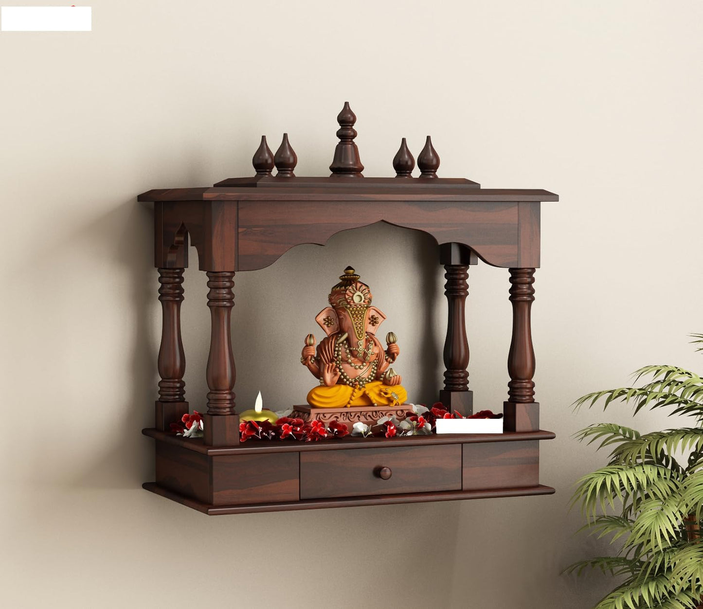 Space Galaxy Furniture Solid Sheesham  Wall-Mounted Temple Shelf, Sheesham Wood Pooja Mandir with Storage Drawers, Traditional Design, walnut Finish