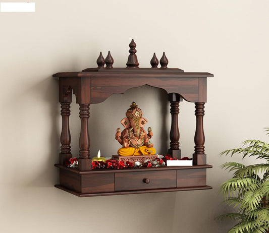 Space Galaxy Furniture Solid Sheesham  Wall-Mounted Temple Shelf, Sheesham Wood Pooja Mandir with Storage Drawers, Traditional Design, walnut Finish