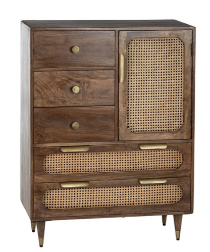 Space Galaxy Furniture Solid Sheesham Chest Of Drawers Rattan Cane | Storage Type: 1 Door and 5 Drawers | Finish:-Dark Walnut