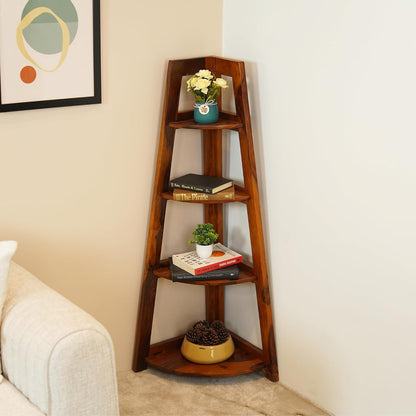 Space Galaxy Furniture Solid Sheesham  Corner Bookshelf 4 Tier Ladder Book Cabinet Corner Shelf, Book Shelf Honey Oak Finish